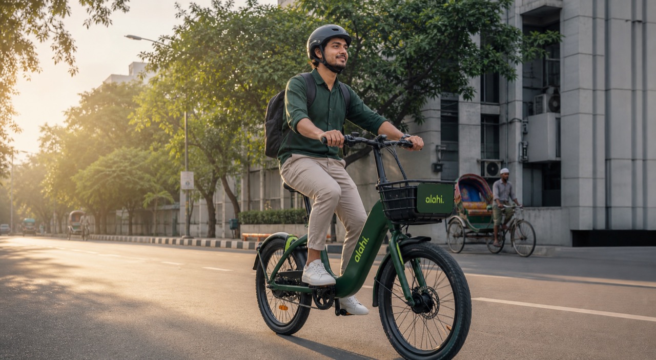 Alahi branded e-bike moving through Dhaka